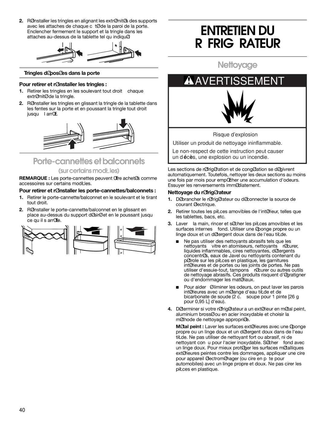 Whirlpool RS22AQXKQ02 manual Entretien DU Réfrigérateur, Porte-cannettes et balconnets, Nettoyage du réfrigérateur 