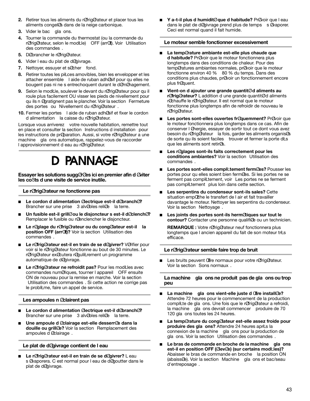 Whirlpool RS22AQXKQ02 manual Dépannage 