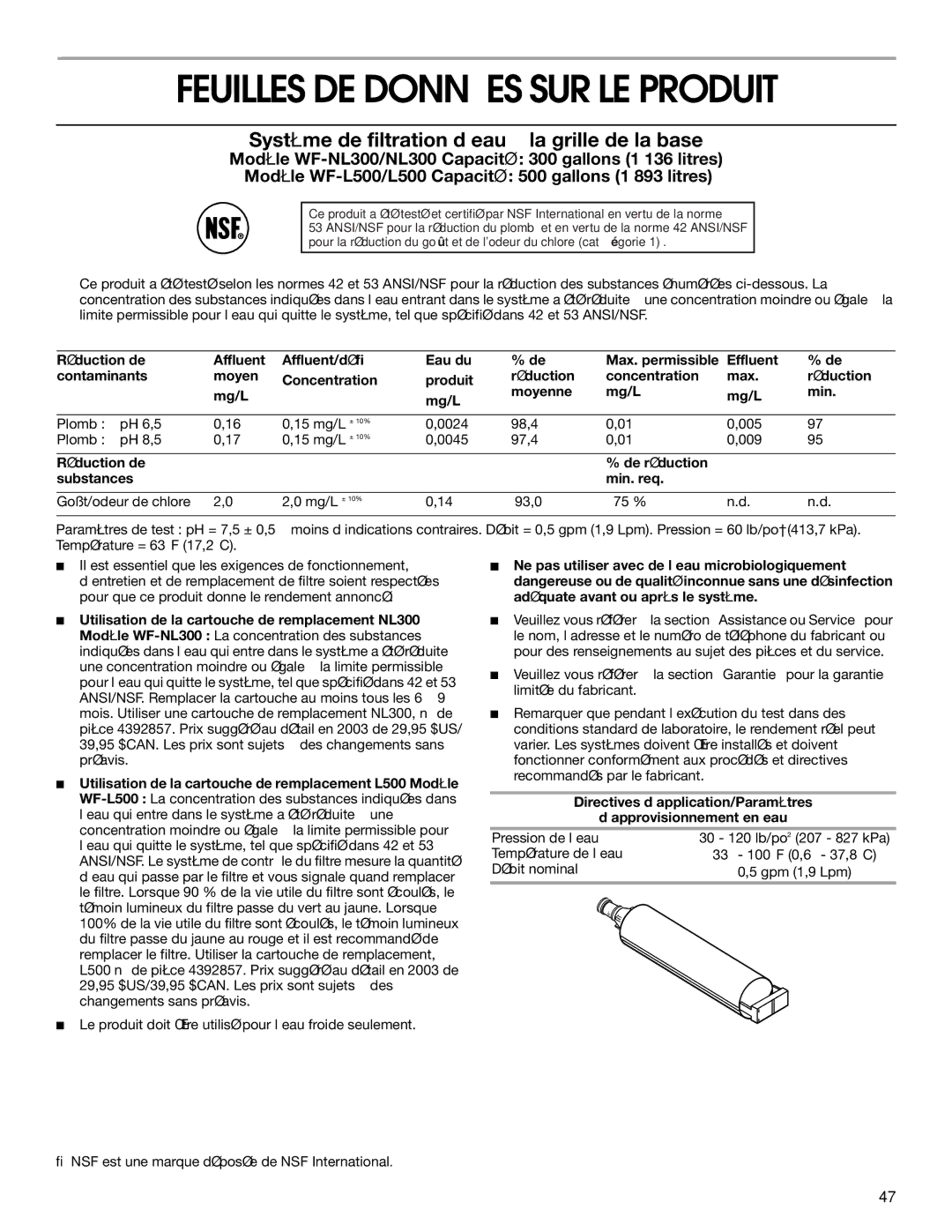 Whirlpool RS22AQXKQ02 manual Feuilles DE Données SUR LE Produit, Réduction de De réduction Substances Min. req 