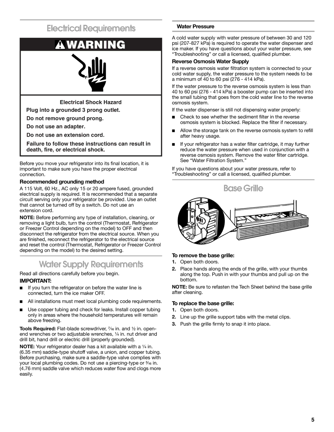 Whirlpool RS22AQXKQ02 manual Electrical Requirements, Water Supply Requirements, Base Grille 