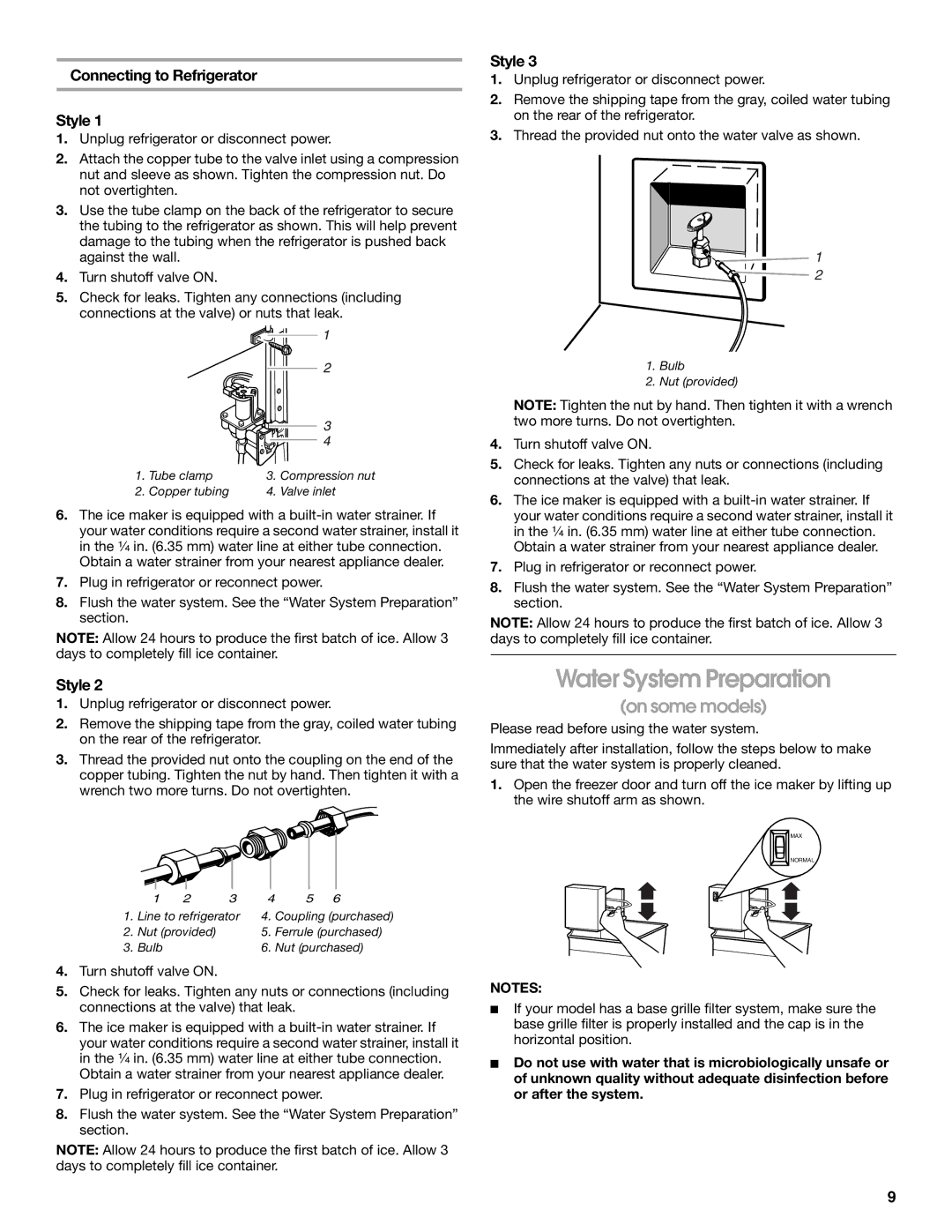 Whirlpool RS22AQXKQ02 manual Water System Preparation, On some models, Connecting to Refrigerator Style 