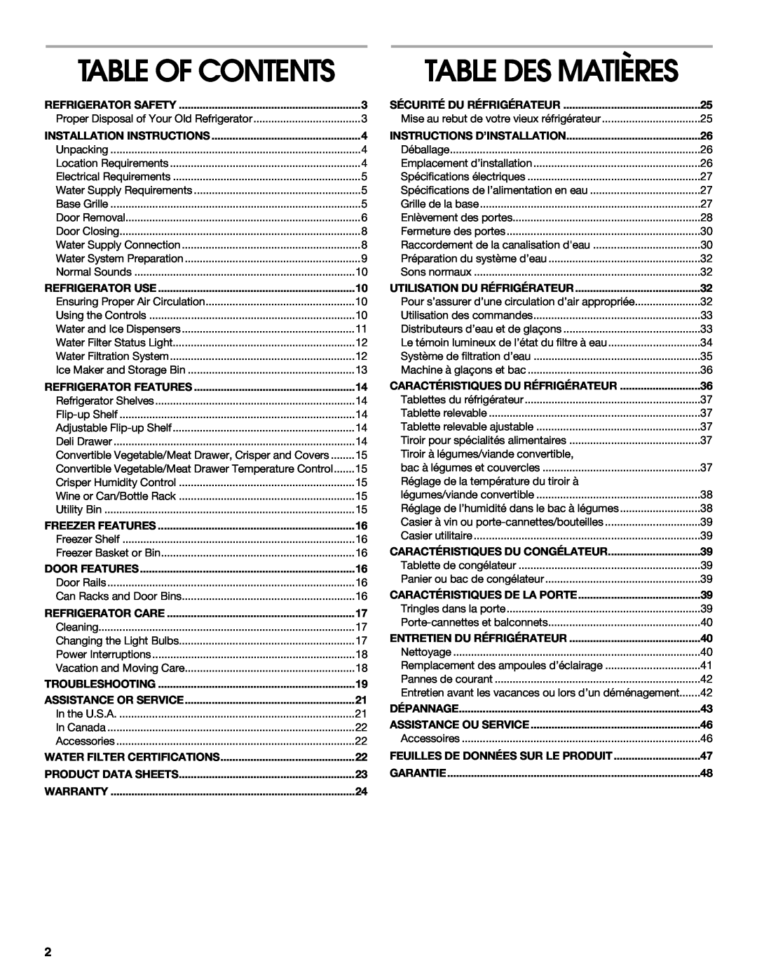 Whirlpool RS22AQXKQ02 manual Table Of Contents, Table Des Matières 