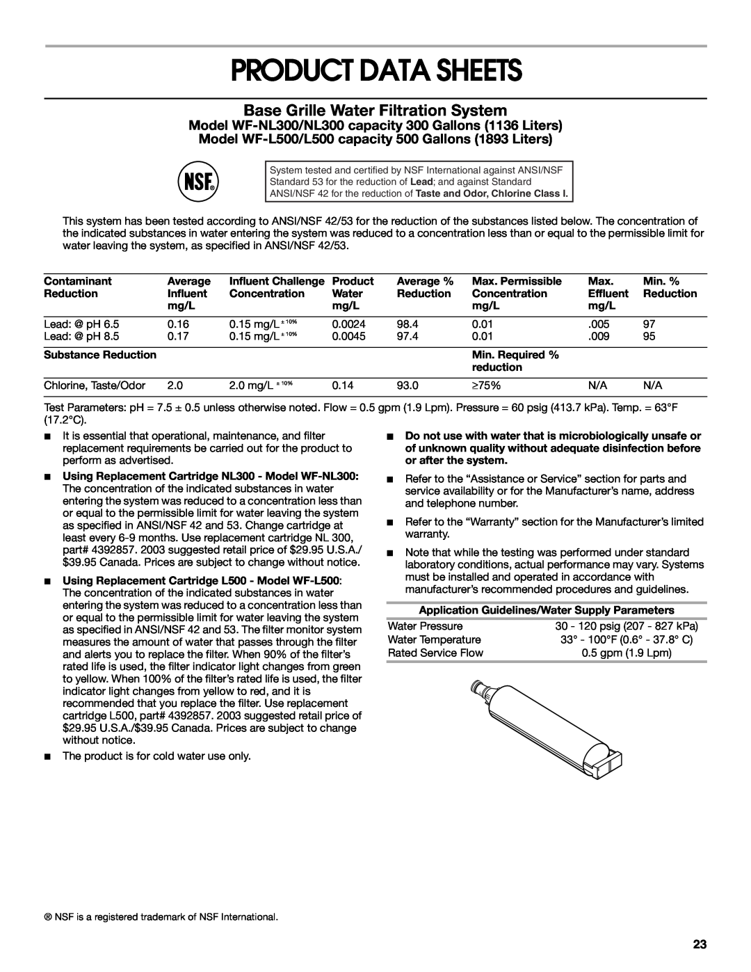 Whirlpool RS22AQXKQ02 manual Product Data Sheets, Base Grille Water Filtration System 