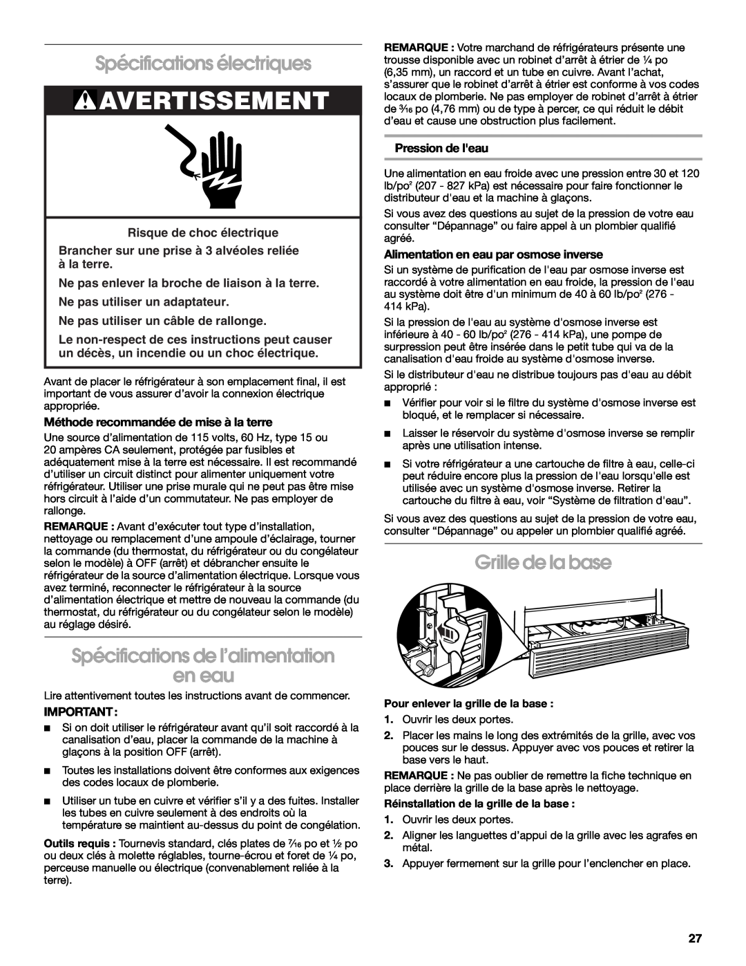 Whirlpool RS22AQXKQ02 manual Spécifications électriques, Spécifications de l’alimentation en eau, Grille de la base 