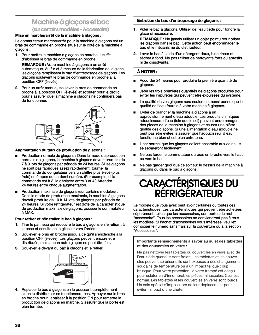 Whirlpool RS22AQXKQ02 manual Caractéristiques Du Réfrigérateur, Machine à glaçons et bac, sur certains modèles - Accessoire 