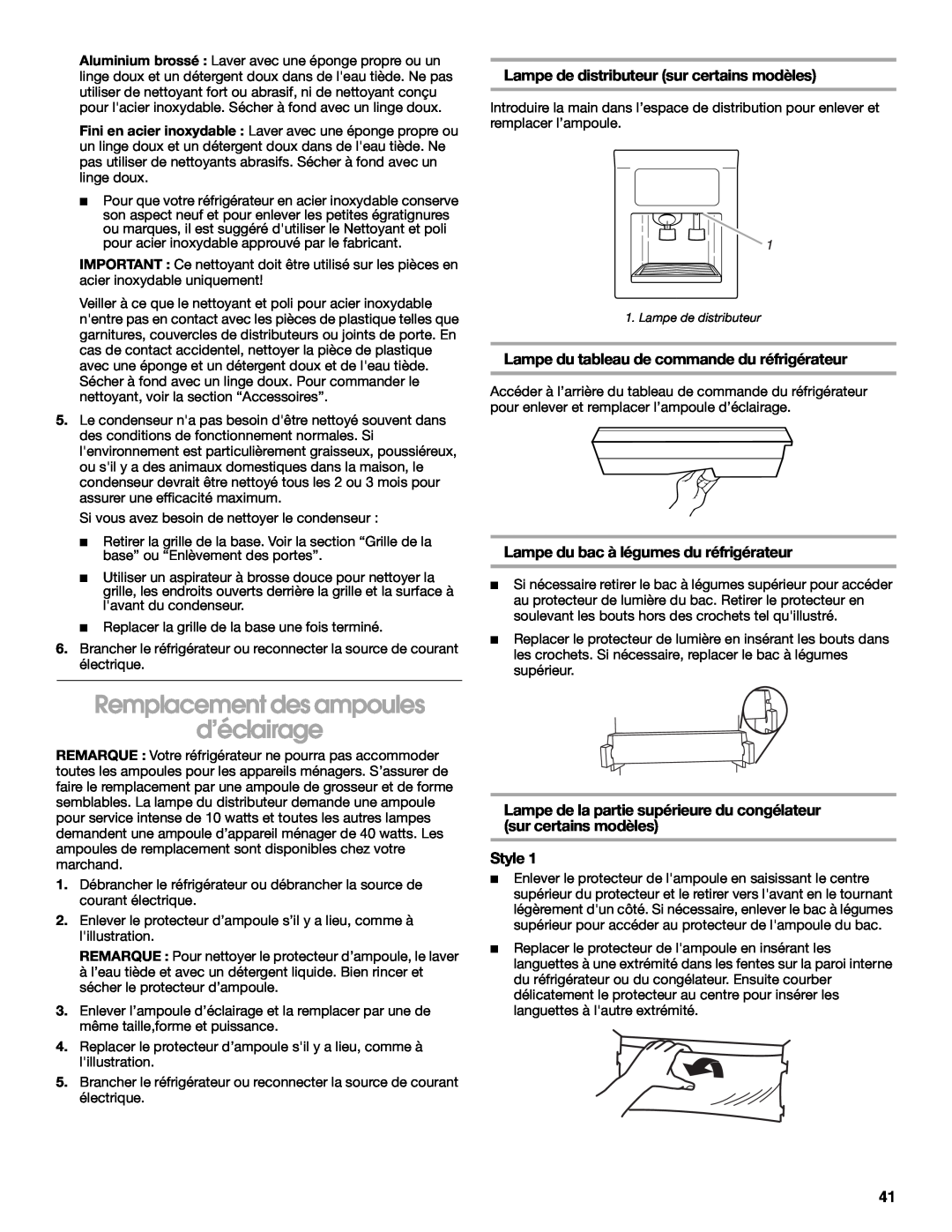 Whirlpool RS22AQXKQ02 manual Remplacement des ampoules d’éclairage, Lampe de distributeur sur certains modèles, Style 