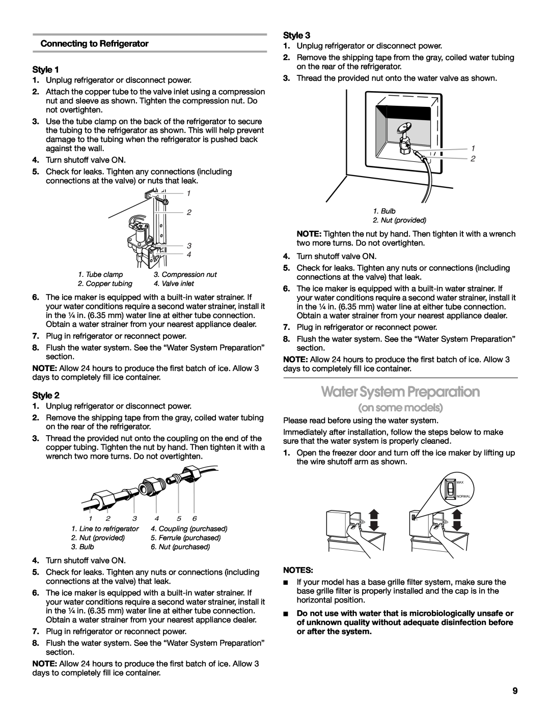 Whirlpool RS22AQXKQ02 manual Water System Preparation, on some models, Connecting to Refrigerator Style 