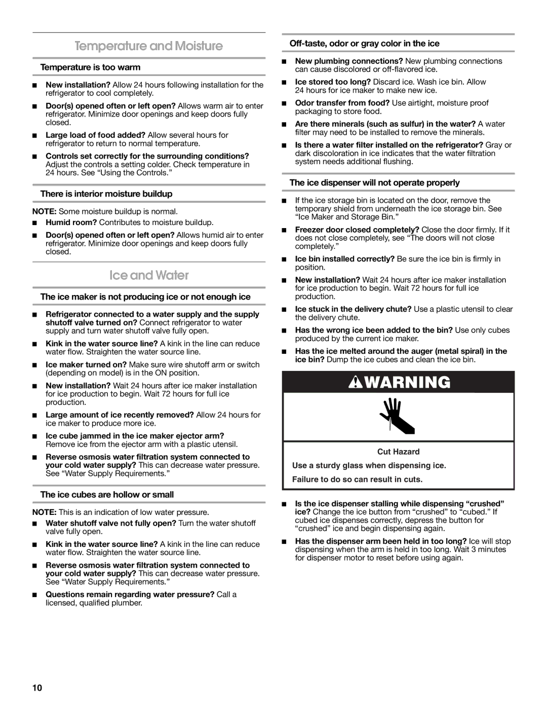 Whirlpool RS22AQXMQ01 warranty Temperature and Moisture, Ice and Water 