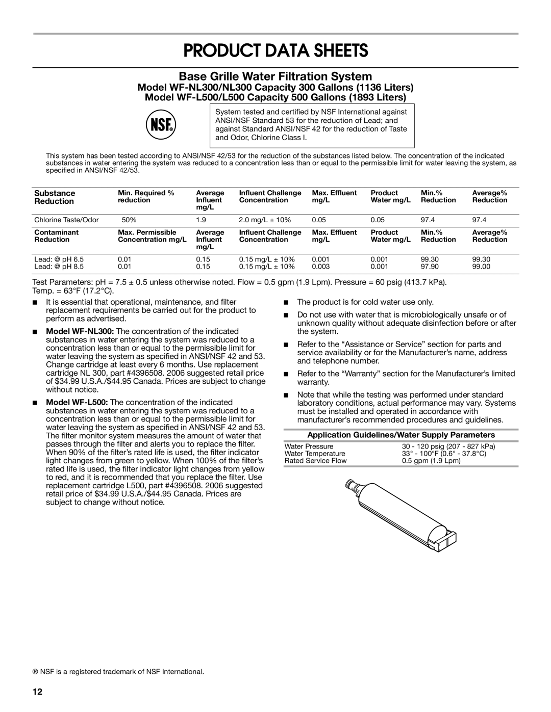 Whirlpool RS22AQXMQ01 warranty Product Data Sheets, Substance, Reduction, Application Guidelines/Water Supply Parameters 