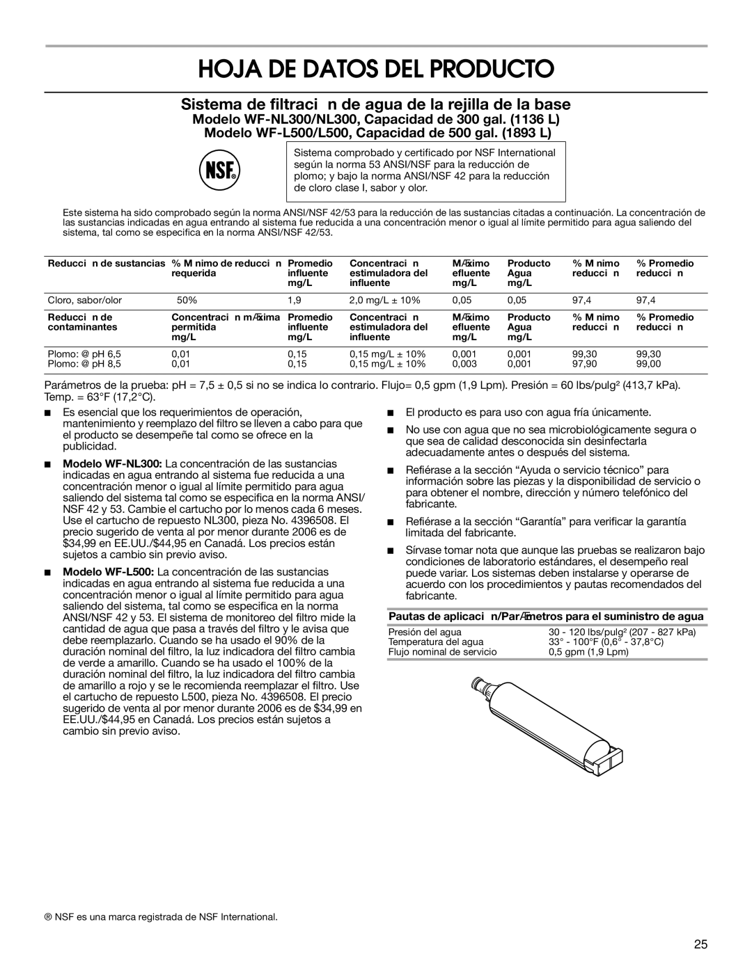 Whirlpool RS22AQXMQ01 warranty Hoja DE Datos DEL Producto, Pautas de aplicación/Parámetros para el suministro de agua 