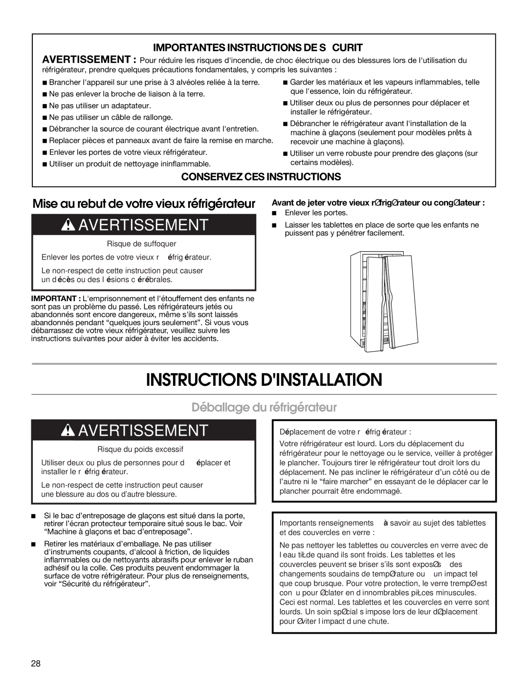 Whirlpool RS22AQXMQ01 warranty Instructions Dinstallation, Déballage du réfrigérateur 