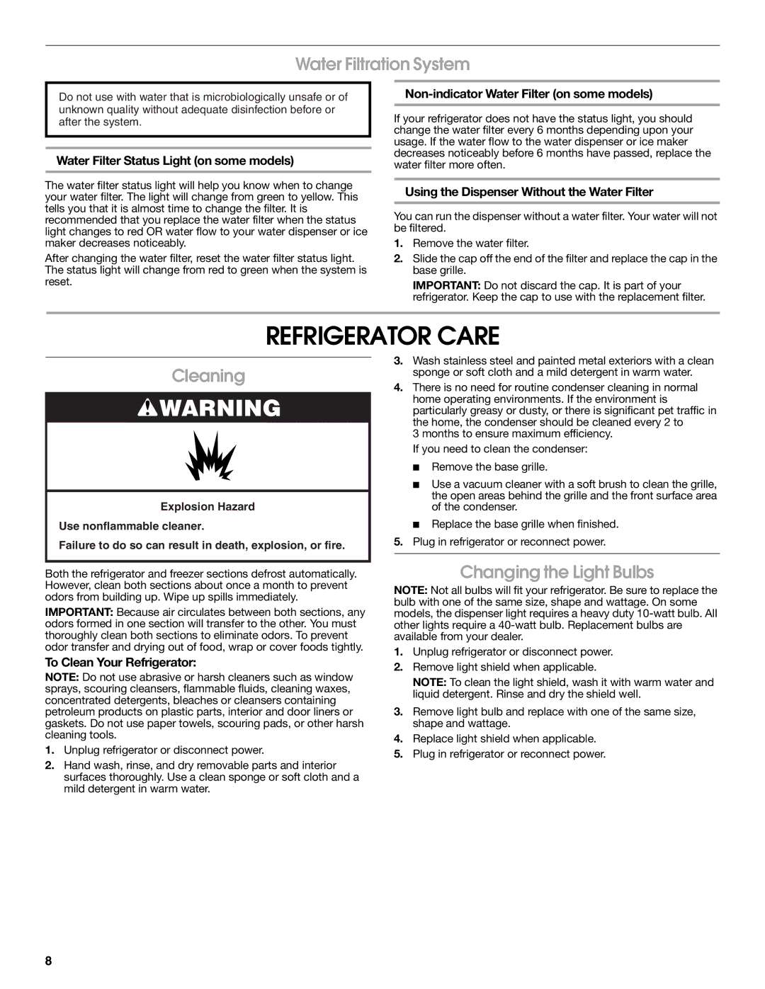 Whirlpool RS22AQXMQ01 warranty Refrigerator Care, Water Filtration System, Cleaning, Changing the Light Bulbs 