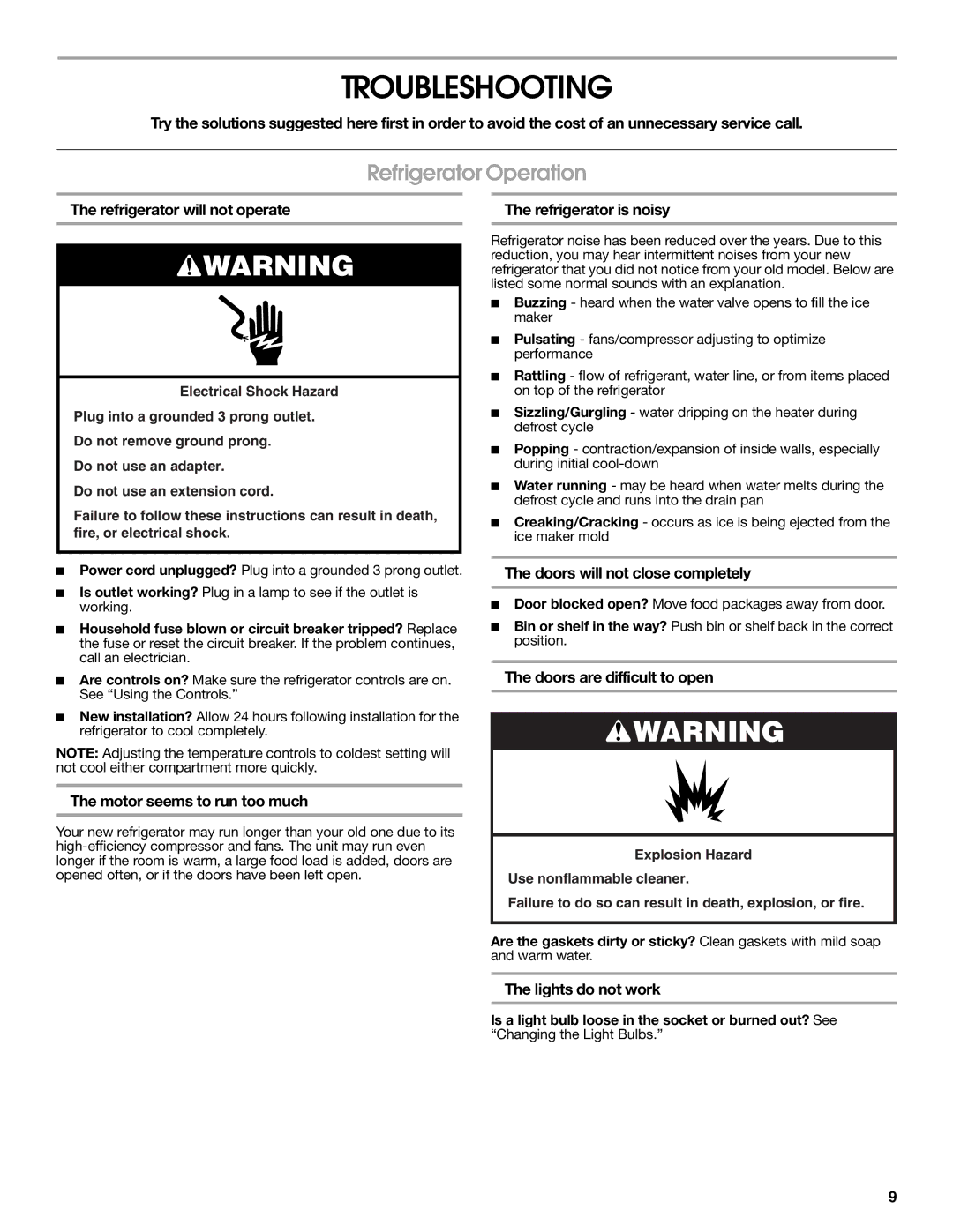 Whirlpool RS22AQXMQ01 warranty Troubleshooting, Refrigerator Operation 