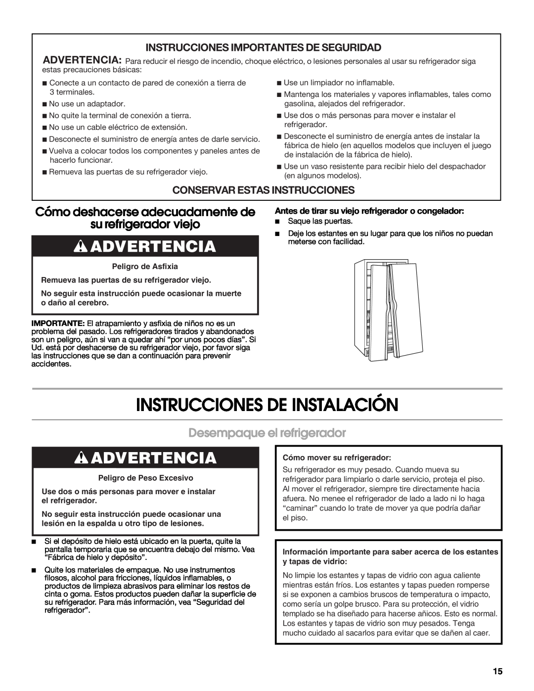 Whirlpool RS22AQXMQ01 Instrucciones De Instalación, Advertencia, Cómo deshacerse adecuadamente de su refrigerador viejo 