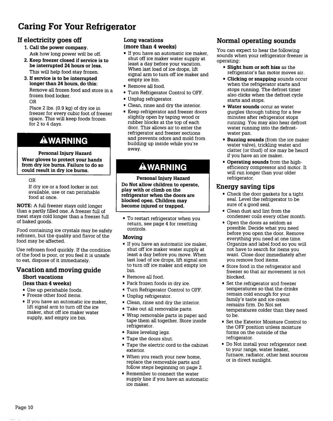 Whirlpool RS22AR Caring For Your Refrigerator, If electricity goes off, Normal operating sounds, Vacation and moving guide 