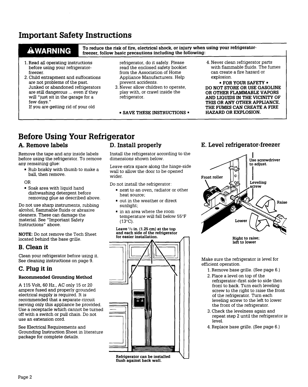 Whirlpool RS22AR, RS20CK warranty Important Safety Instructions, Before Using Your Refrigerator 