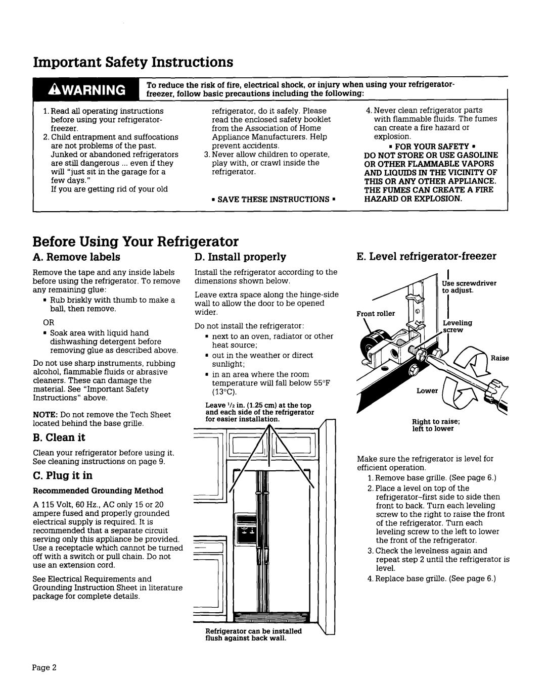 Whirlpool RS22AR Important Safety Instructions, Before Using Your Refrigerator, A. Remove labels, D. Install properly 