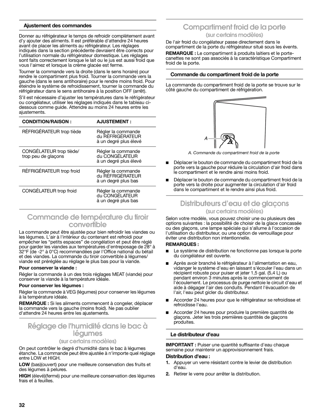 Whirlpool RS22CFXTQ00 warranty Commande de température du tiroir Convertible, Réglage de lhumidité dans le bac à Légumes 