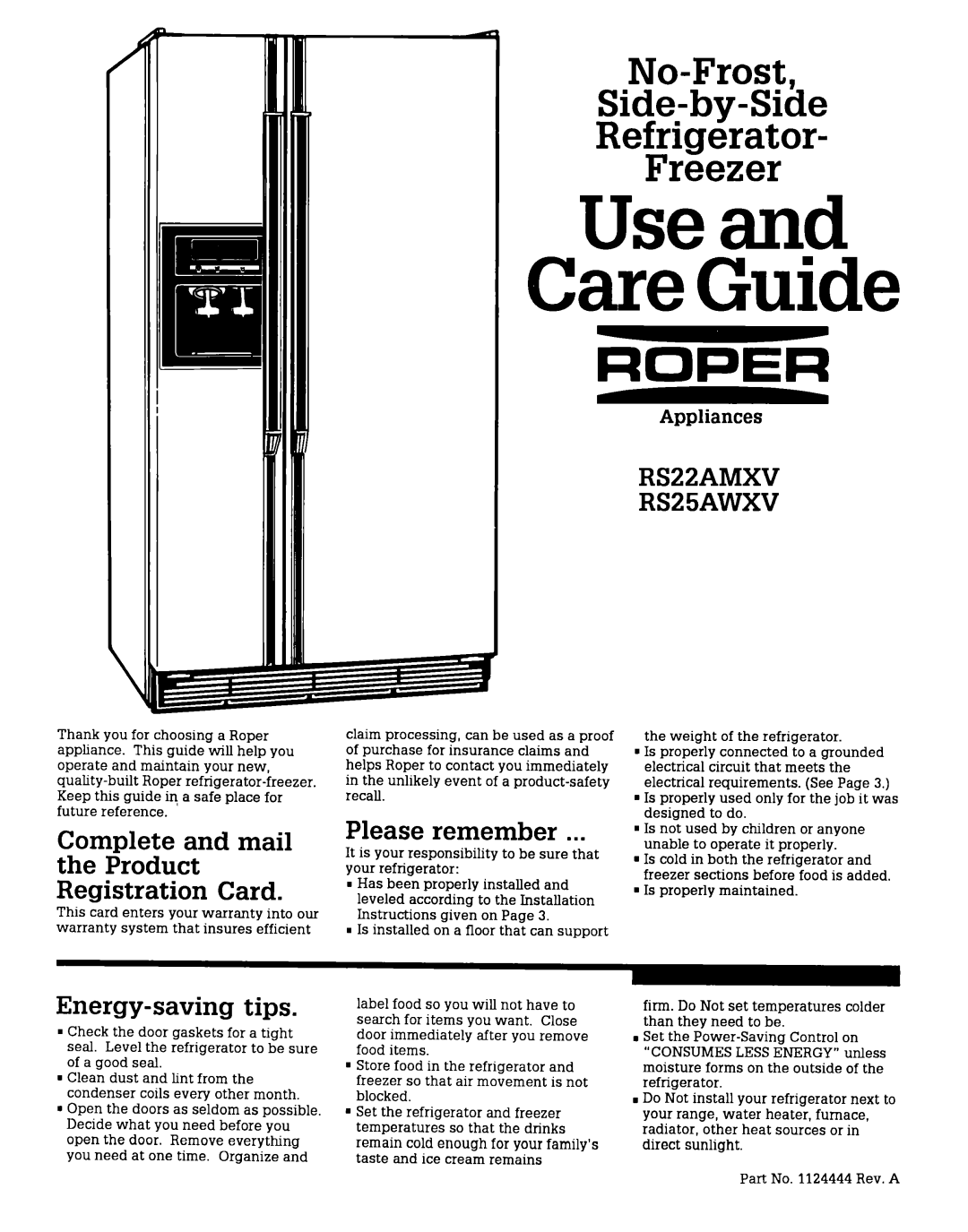 Whirlpool RS22AMXV, RS25AMXV warranty Complete and mail the Product Registration Card, Energy-saving tips, Please remember 