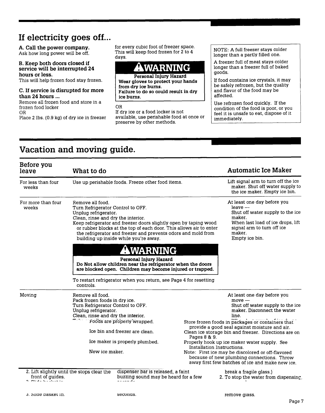 Whirlpool RS25AMXV, RS22AMXV warranty If electricity goes off, Moving guide, Before you What to do Leave 