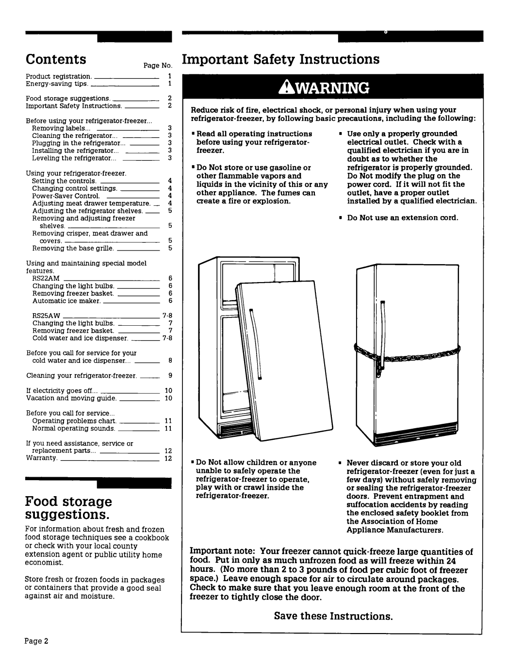 Whirlpool RS25AMXV, RS22AMXV warranty Contents, Important Safety Instructions 