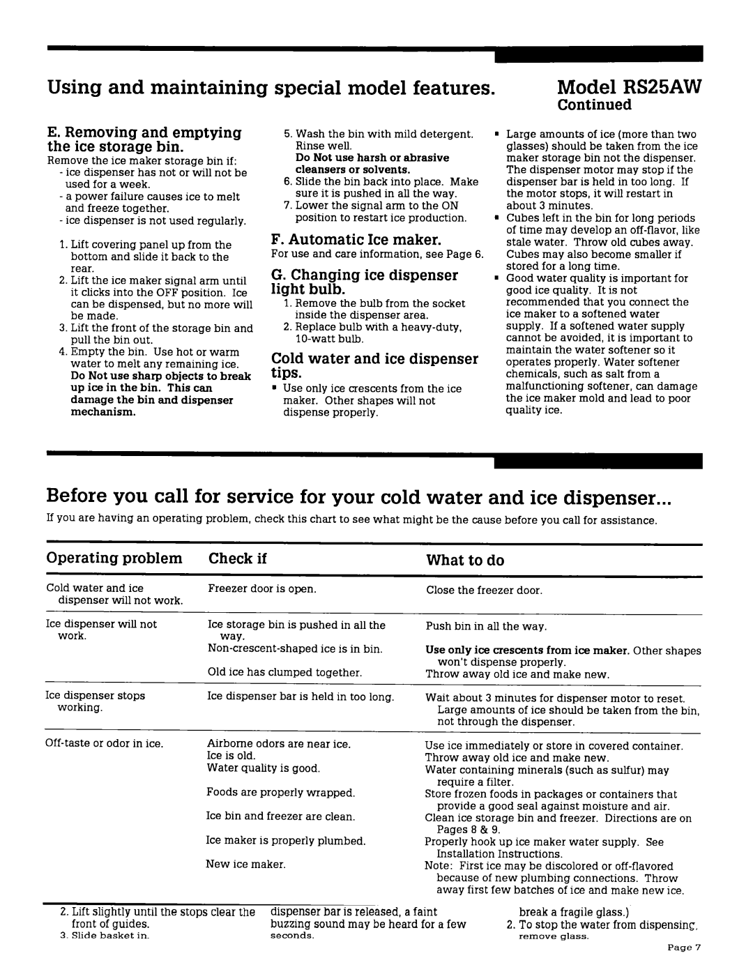 Whirlpool RS25AMXV Changing ice dispenser light bulb, Cold water and ice dispenser tips, Operating problem, What to do 