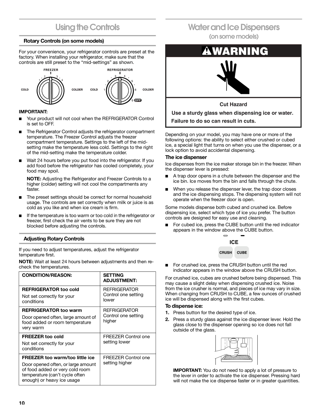 Whirlpool RS25AQXKQ00 manual Using the Controls, Water and Ice Dispensers 