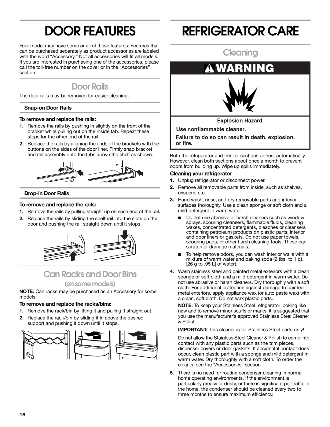 Whirlpool RS25AQXKQ00 manual Door Features, Refrigerator Care, Door Rails, Can Racks and Door Bins, Cleaning 