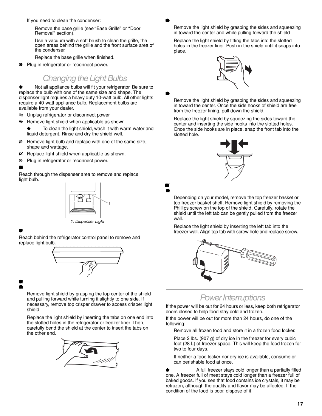 Whirlpool RS25AQXKQ00 manual Changing the Light Bulbs, Power Interruptions 