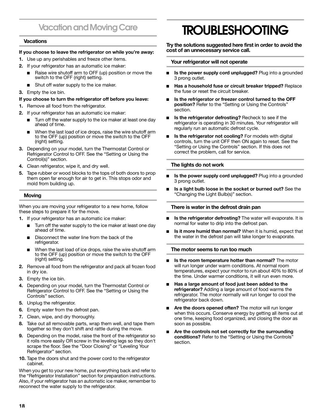 Whirlpool RS25AQXKQ00 manual Troubleshooting, Vacation and Moving Care 