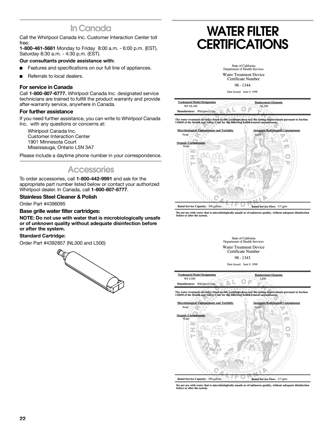 Whirlpool RS25AQXKQ00 manual Water Filter Certifications, Canada, Accessories 