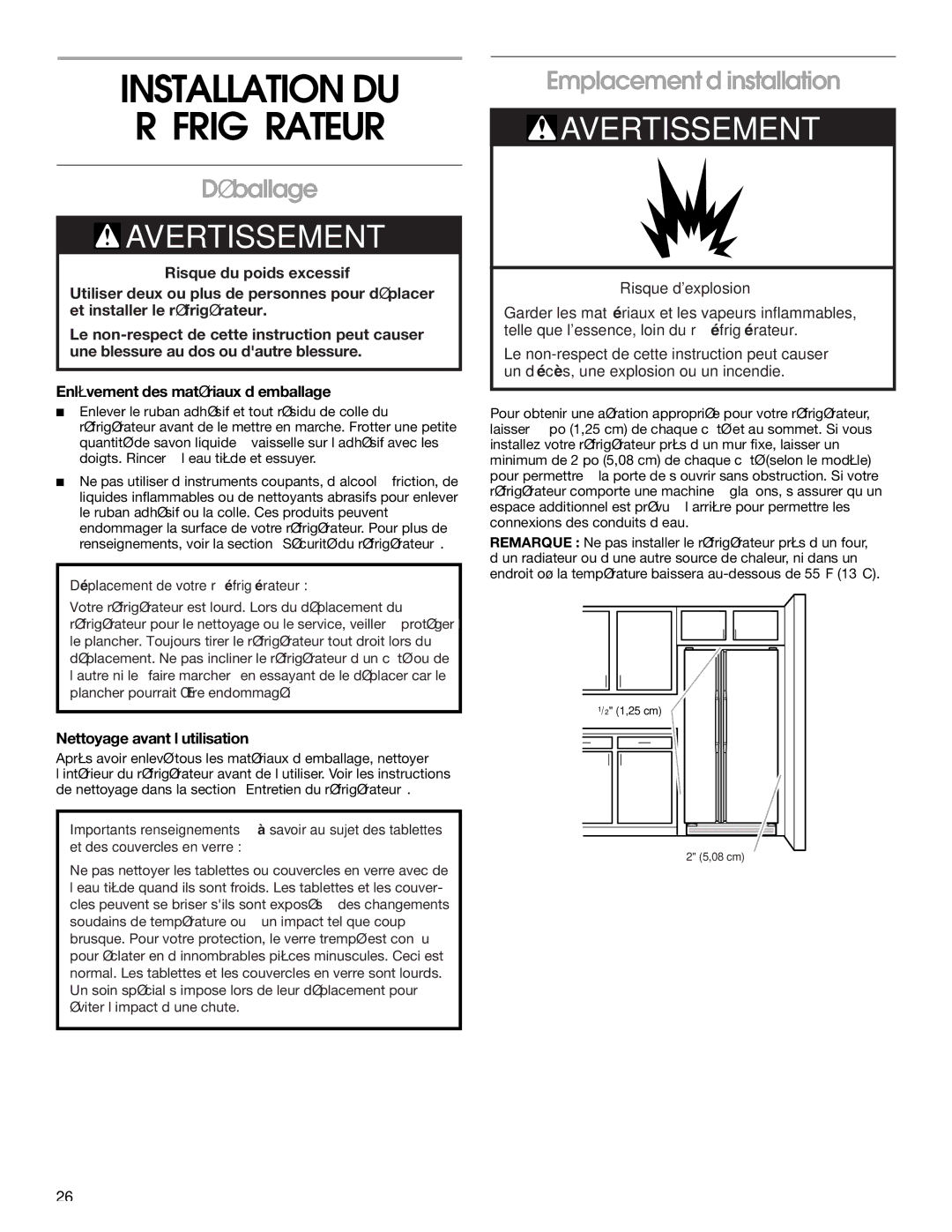 Whirlpool RS25AQXKQ00 Installation DU Réfrigérateur, Déballage, Emplacement d’installation, Nettoyage avant l’utilisation 