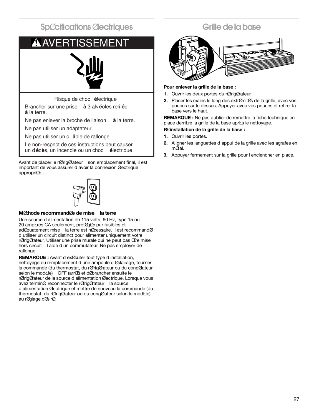 Whirlpool RS25AQXKQ00 manual Spécifications électriques, Grille de la base, Méthode recommandée de mise à la terre 