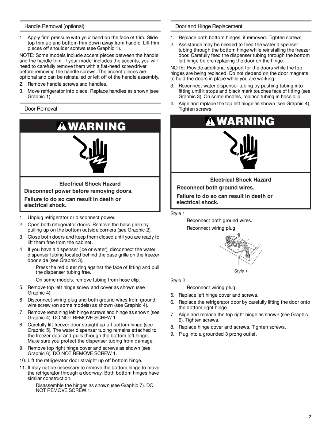 Whirlpool RS25AQXKQ00 Handle Removal optional, Door and Hinge Replacement, Unplug refrigerator or disconnect power, Style 