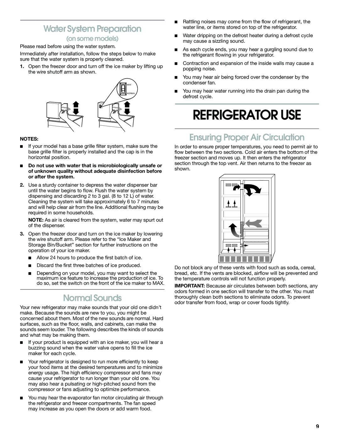 Whirlpool RS25AQXKQ00 manual Refrigerator USE, Water System Preparation, Normal Sounds, Ensuring Proper Air Circulation 