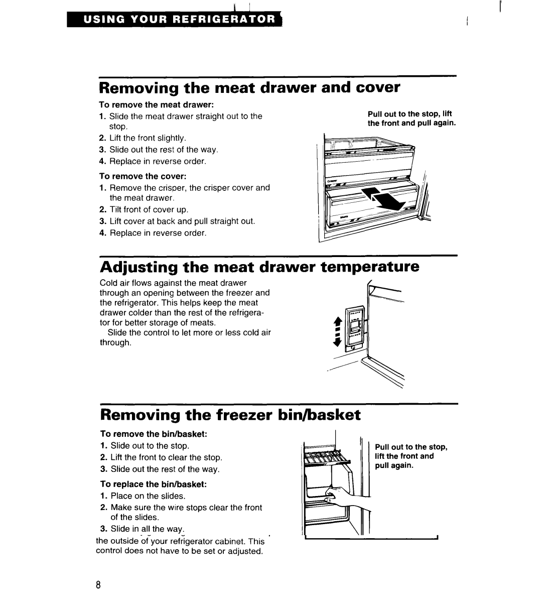 Whirlpool RS22AW Removing the meat drawer, Cover, Adjusting the meat drawer temperature, Removing the freezer bin/basket 