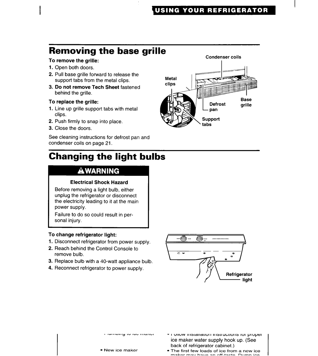 Whirlpool RS22AW, RS25AW, RS22BR, RS20AK, RS20DK Removing the base grille, Changing the light bulbs 