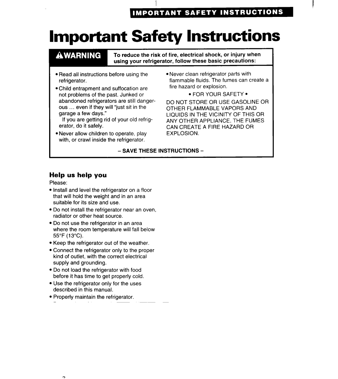 Whirlpool RS20AK, RS25AW, RS22BR, RS22AW, RS20DK important safety instructions Important Safety Instructions, Help us help you 