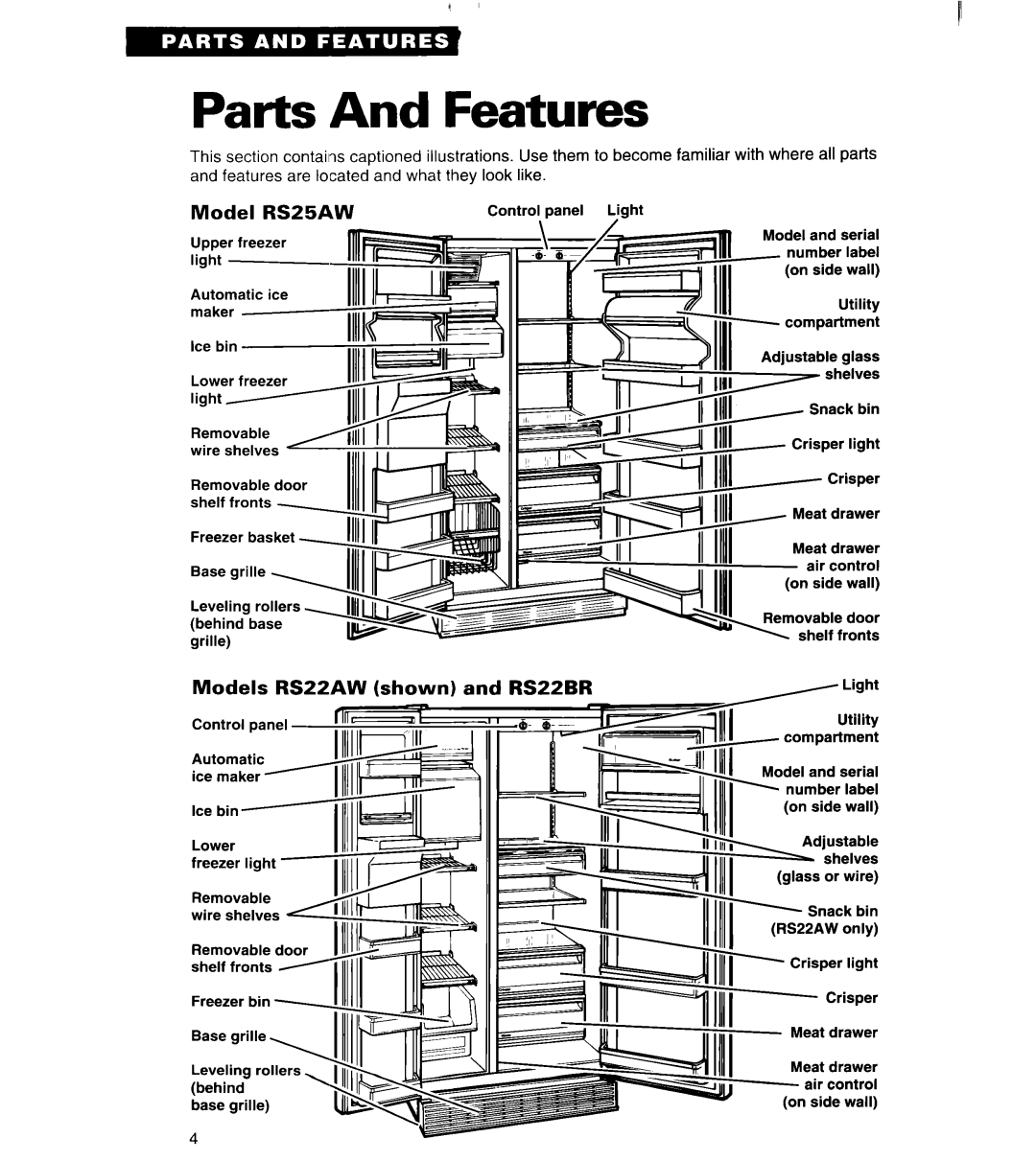 Whirlpool RS20DK, RS25AW, RS20AK important safety instructions Parts And Features, Models RS22AW shown and RS22BR 