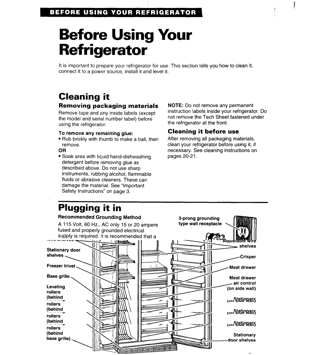 Whirlpool RS22BR, RS25AW, RS22AW Before Using Your Refrigerator, Cleaning it, Plugging it, Removing packaging materials 