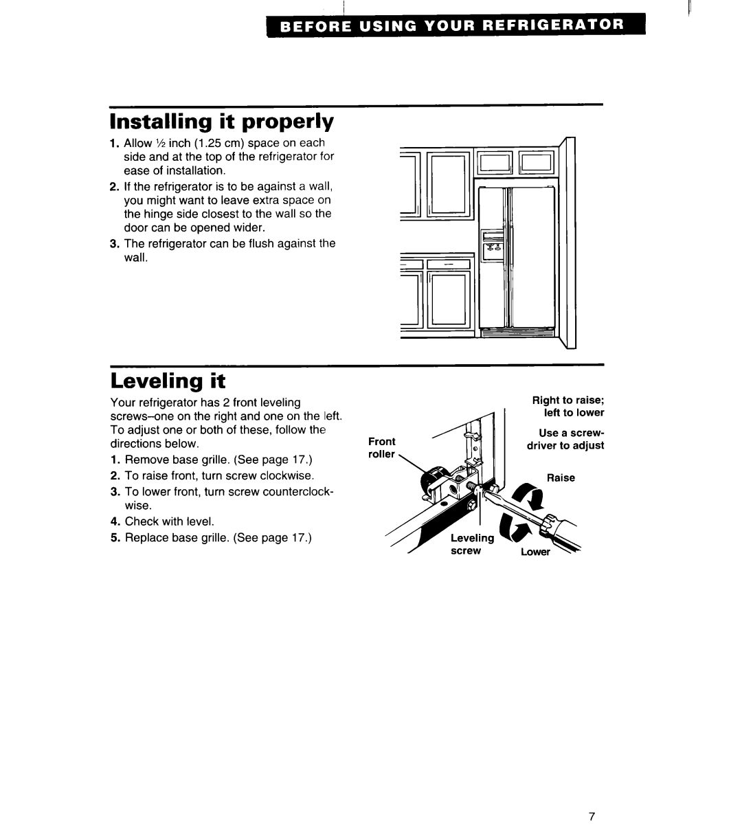 Whirlpool RS22AW, RS25AW, RS22BR, RS20AK, RS20DK important safety instructions Installing it properly, Leveling it 