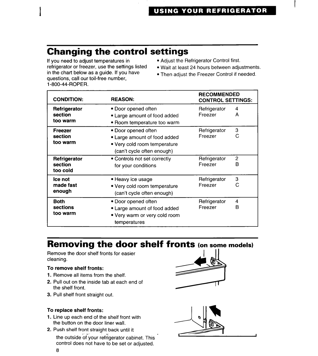 Whirlpool RS20DK, RS25AW, RS22BR, RS22AW Changing the control, Settings, Removing the door shelf fronts on soFe models 