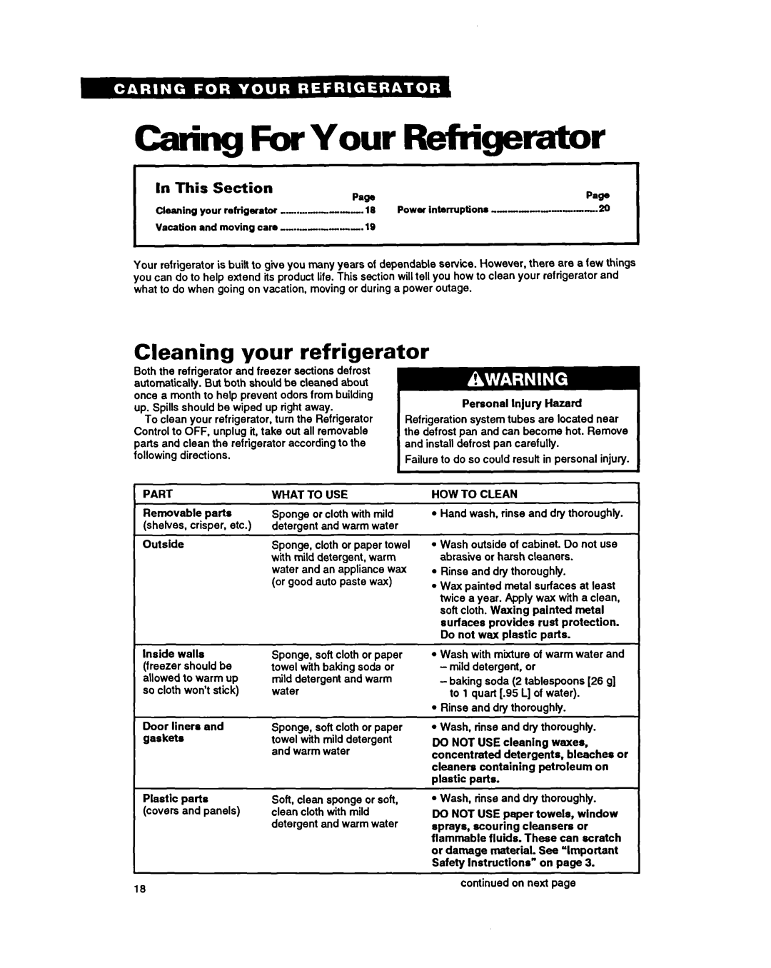 Whirlpool RS25BR, RSZOCK, RSZZBR Caring ForYour Refrigerator, Cleaning your refrigerator, Part, What to USE, HOW to Clean 