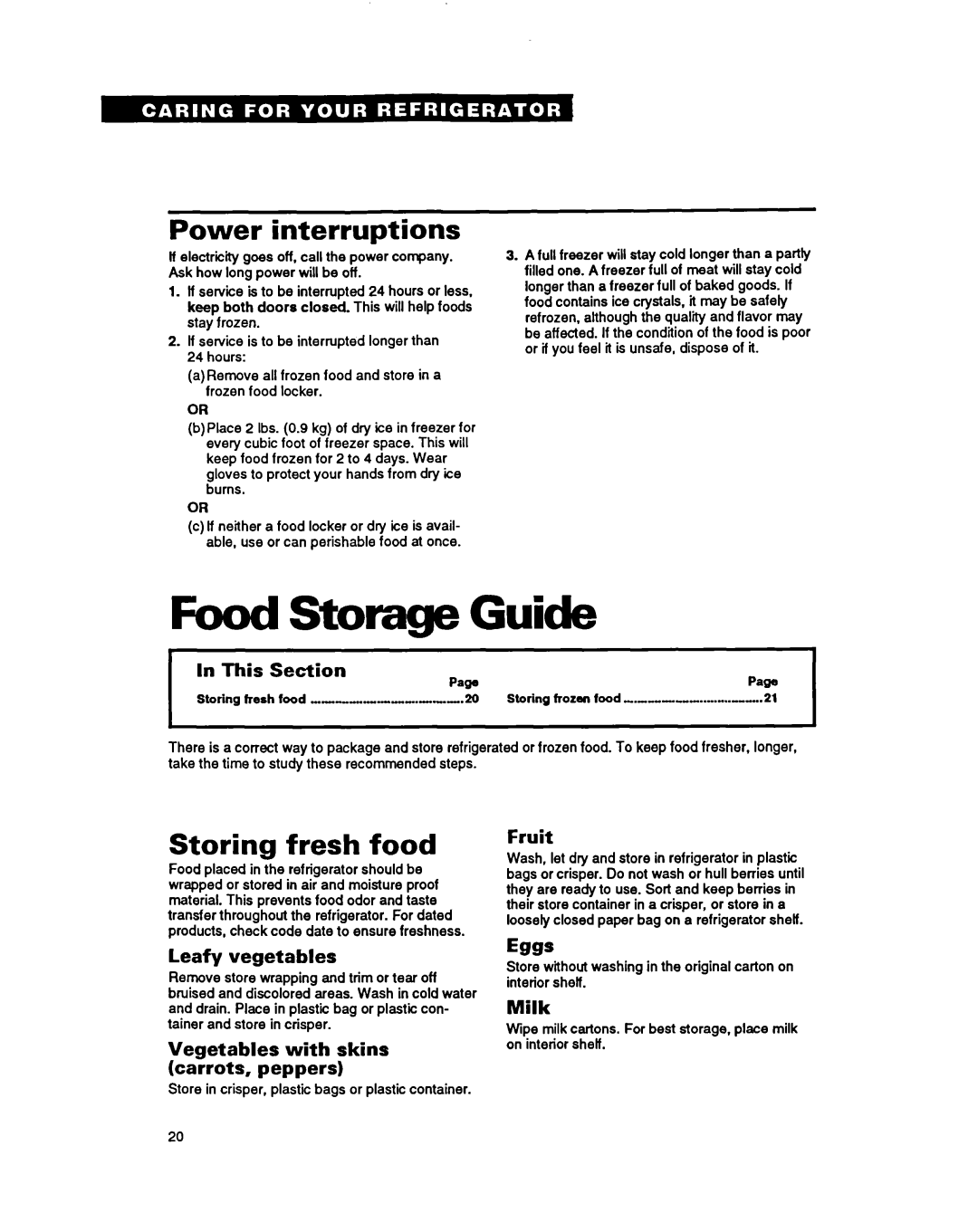 Whirlpool RSZZBR, RS25BR, RSZOCK warranty Food Storage Guide, Power interruptions, Storing fresh food 