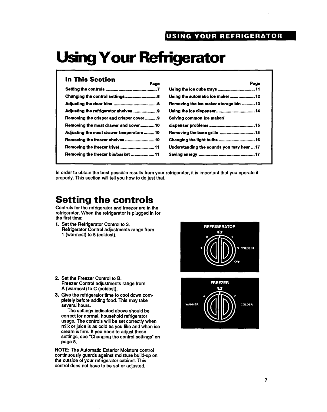 Whirlpool RSZOCK, RS25BR, RSZZBR warranty UsingYour Refrigerator, Setting the controls 