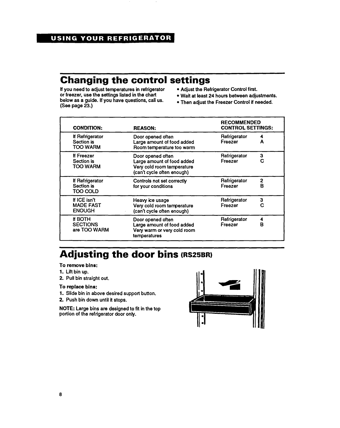 Whirlpool RSZZBR, RS25BR, RSZOCK warranty Changing the control, Settings, Adjusting the door bins Rszsbr 