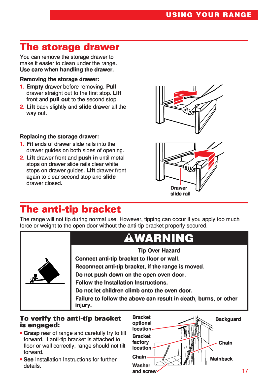 Whirlpool RS310PXE The storage drawer, The anti-tip bracket, To verify the anti-tip bracket is engaged, wWARNING 