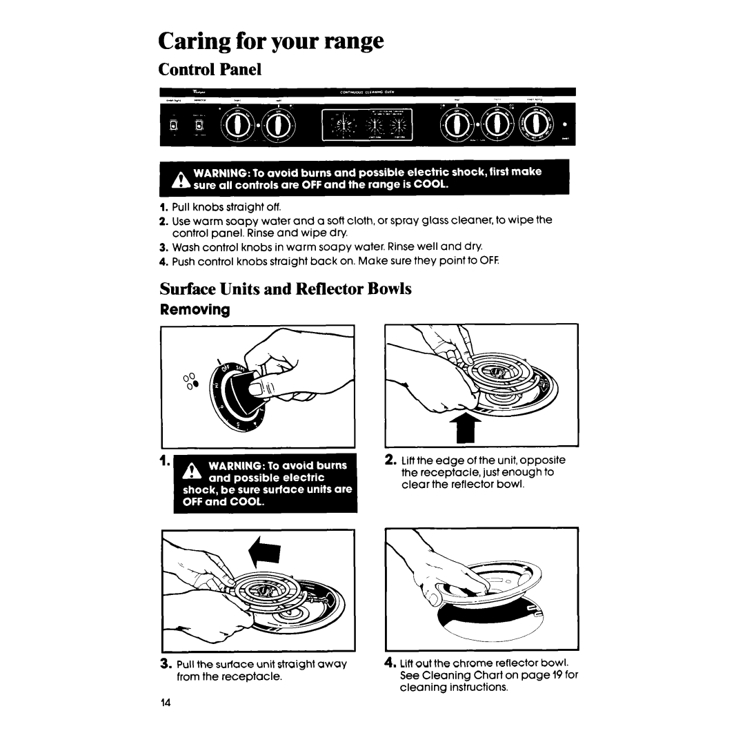 Whirlpool RS313PXT, RS333PXT manual Caring for your range, Control Panel, Surface Units and Reflector Bowls, Removing 