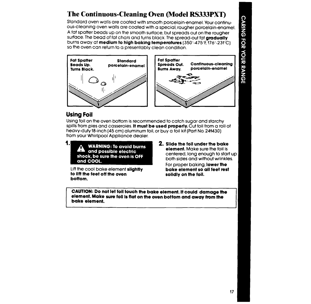 Whirlpool RS313PXT manual Continuous-Cleaning Oven Model RS333PXT, Foil 