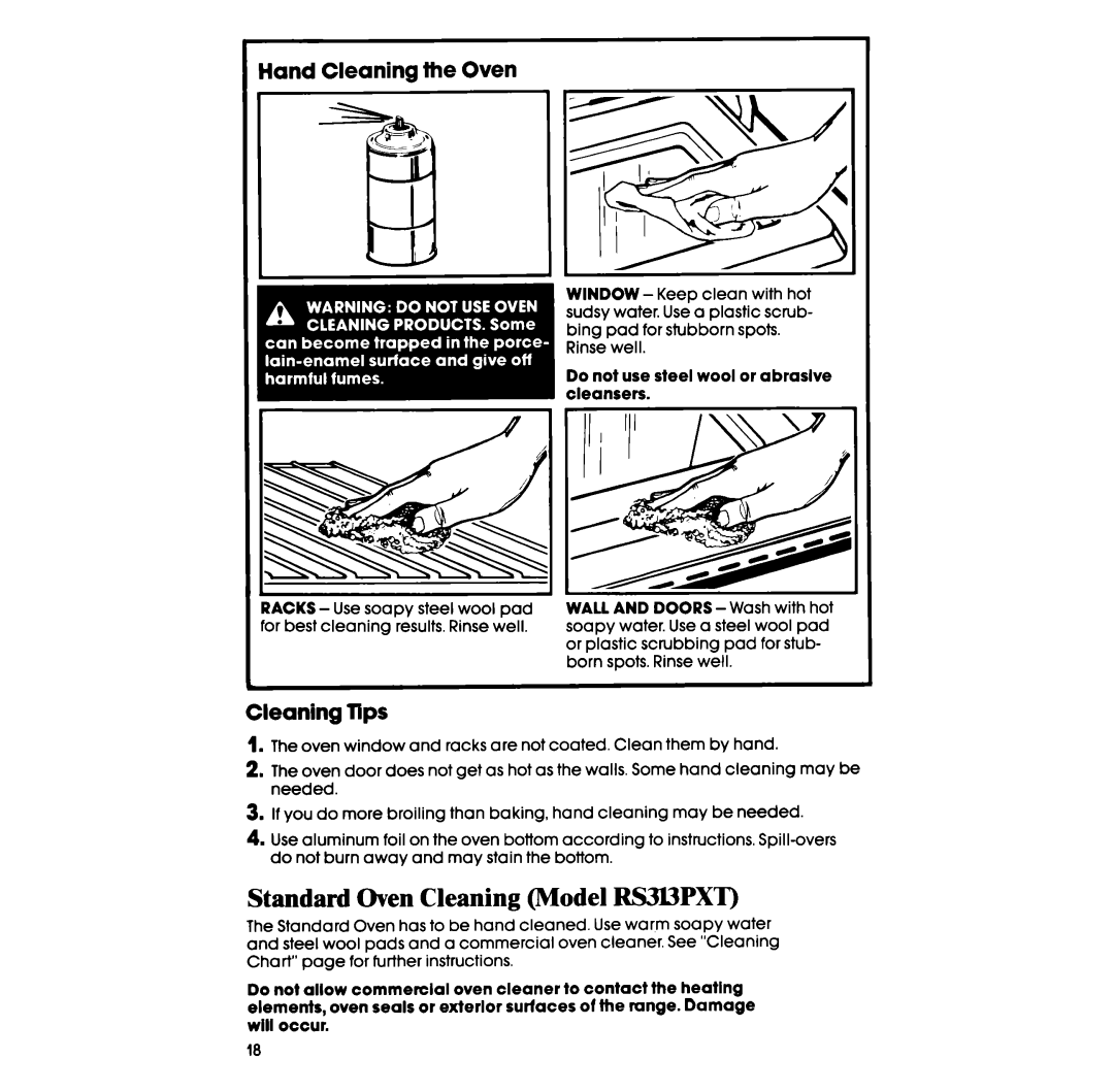 Whirlpool RS313PXT, RS333PXT manual Standard Oven Cleaning Model RS3l3PXT, IHand Cleaning the Oven, Cleaning Tips 